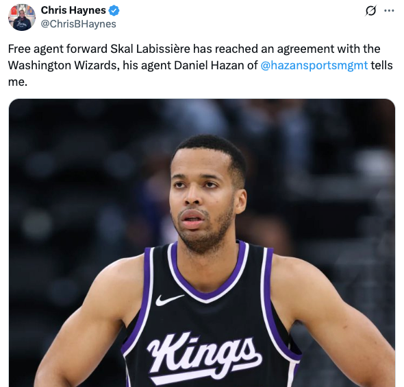 九游体育官网-Haynes：斯卡尔·拉比西埃与奇才达成签约协议